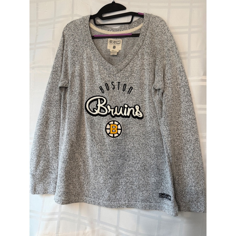 CCM Boston Bruins Womens Grey Marl V-Neck Pullover Sweater NHL Vintage Large